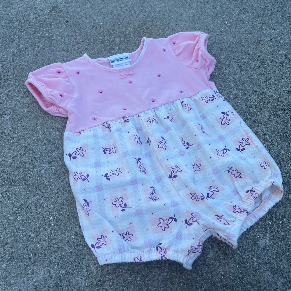 Vintage 90s Y2K Buster Brown Baby Romper 12 mo Pink Floral Cottagecore
